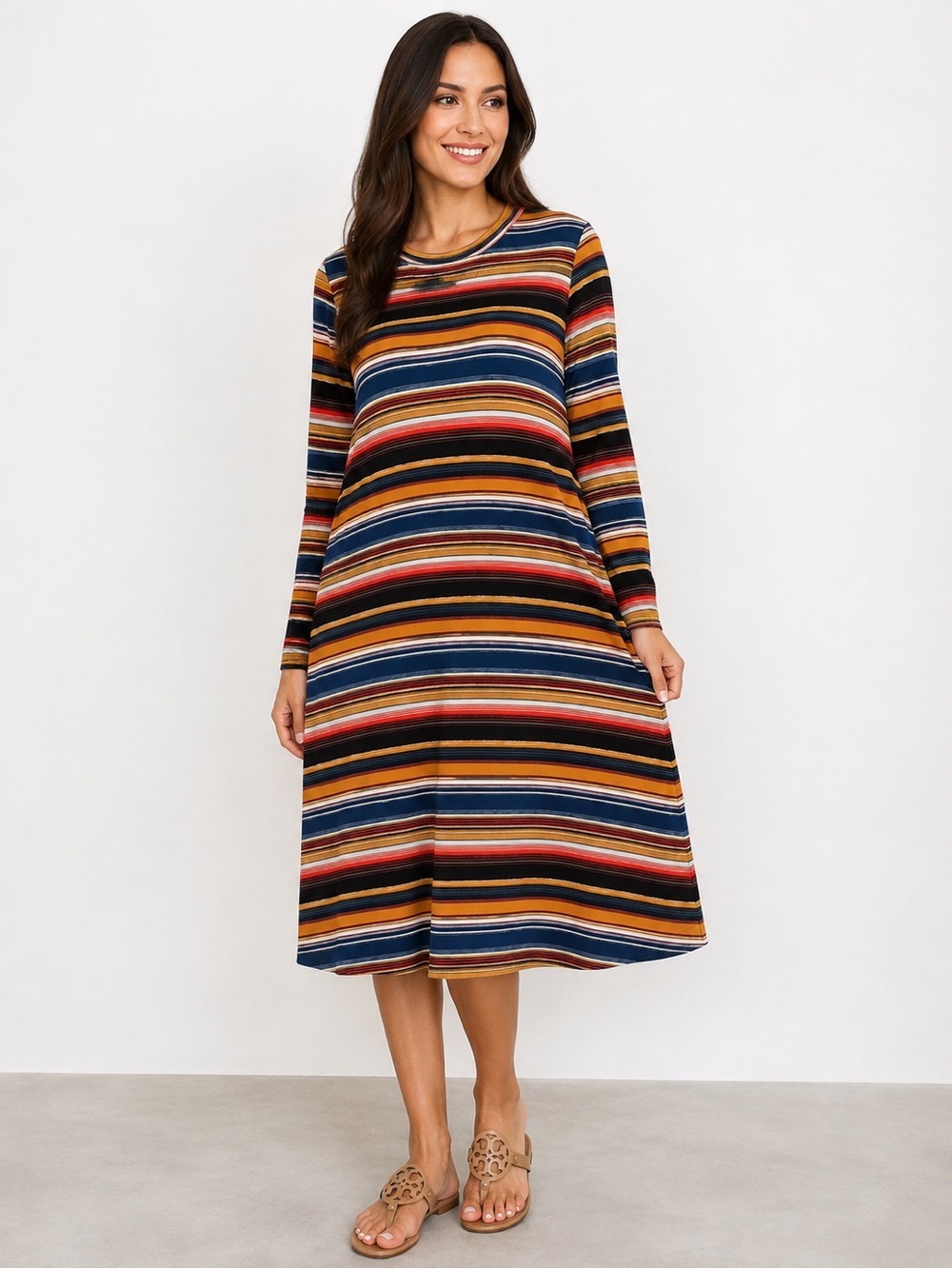 Reborn J Striped Midi Dress in Navy, Mustard & Rust NWOT